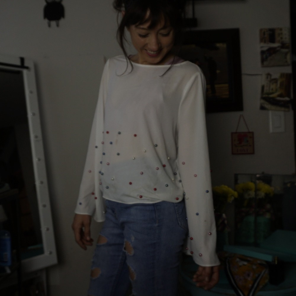 Elle White Long Sleeve Beaded Blouse